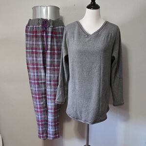 Gray V-Neck Top and Plaid Pajama Pants Set